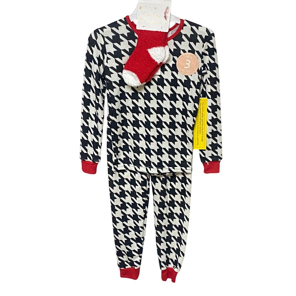 Jessica Simpson Girls 3 PC‎ Pajama Set Houndstooth Socks Sleepwear Sz 6 NWT